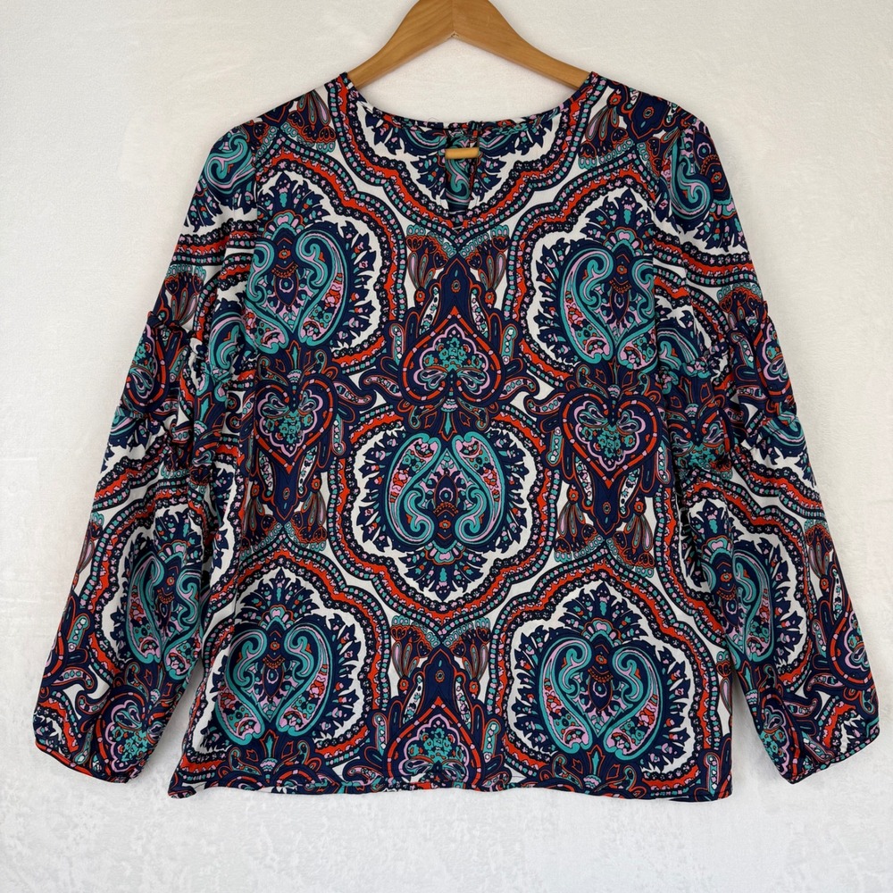 Talbots Petites Paisley Ruffle Sleeve Blouse‎ Navy Teal Pink Size LP CN505 06/17